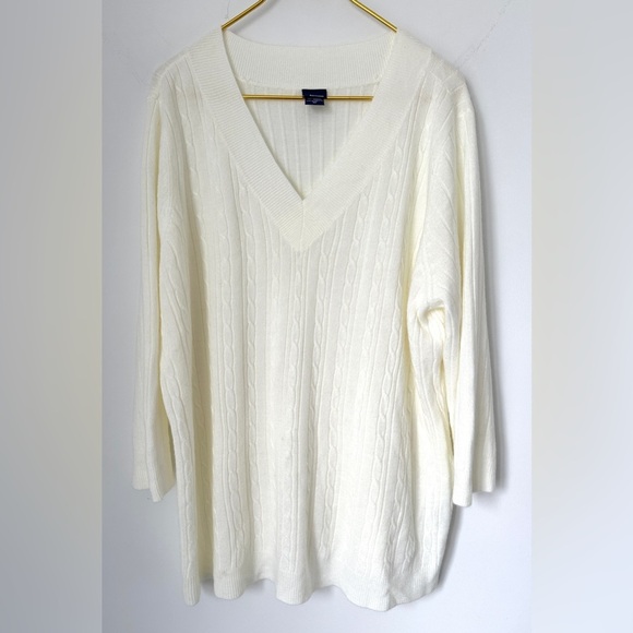 Vintage Basic Editions Soft Ivory Deep V-Neck Cable Knit Sweater Women’s Size 3X - Picture 1 of 5